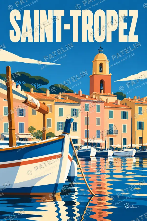 Illustration Saint-Tropez — Le port aux reflets dorés, style Pop