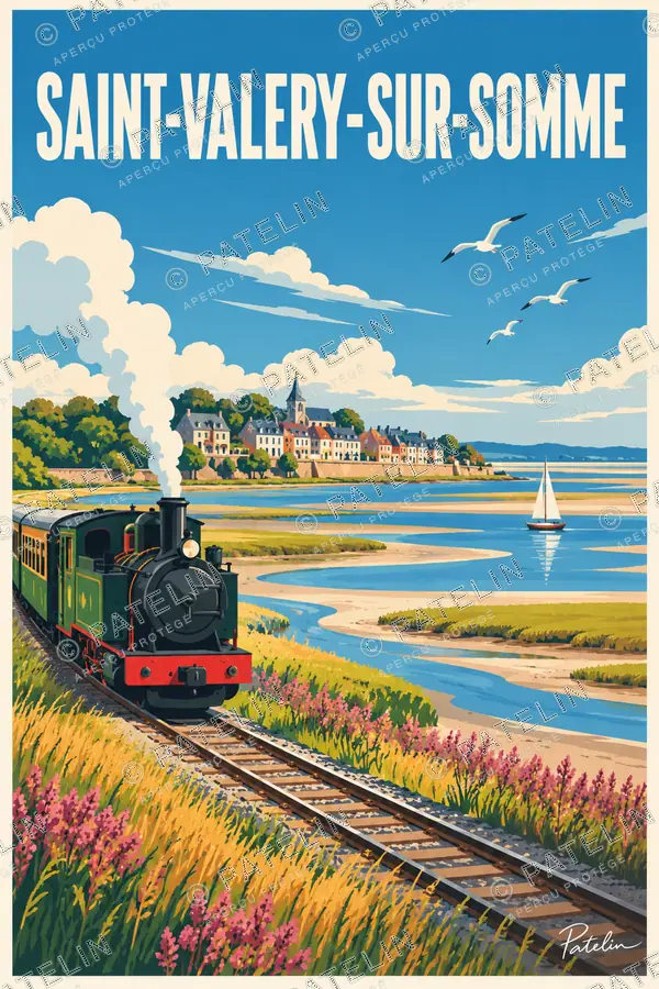 Illustration Saint-Valery-sur-Somme — Le train et les villas de la baie, style Pop