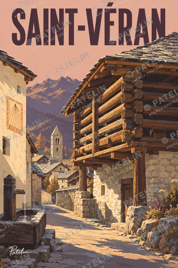 Illustration Saint-Véran — Les maisons de bois dans la ruelle, style Pop