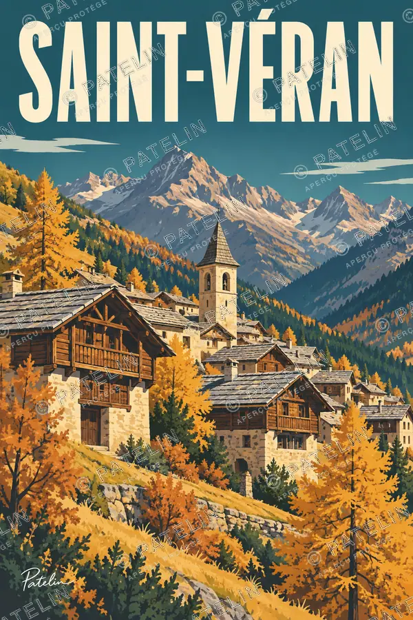Illustration Saint-Véran — Les maisons au pied des montagnes, style Pop