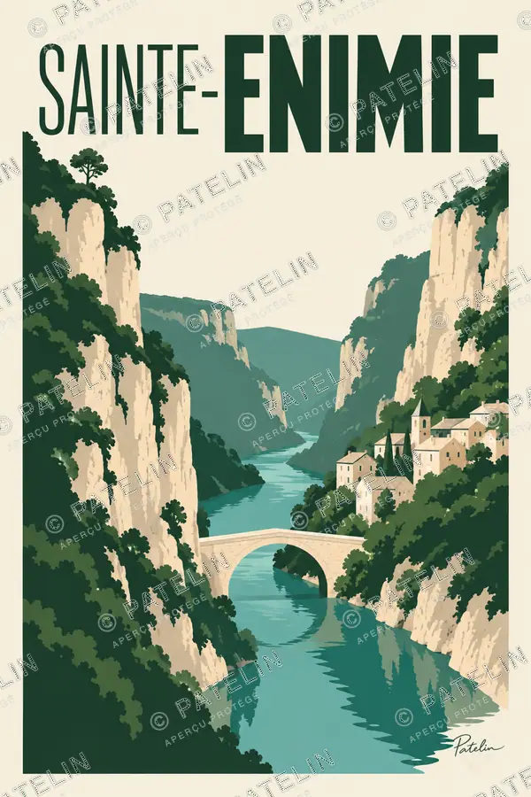 Illustration Sainte-Enimie — Le village et le pont sur le Tarn, style Minimal