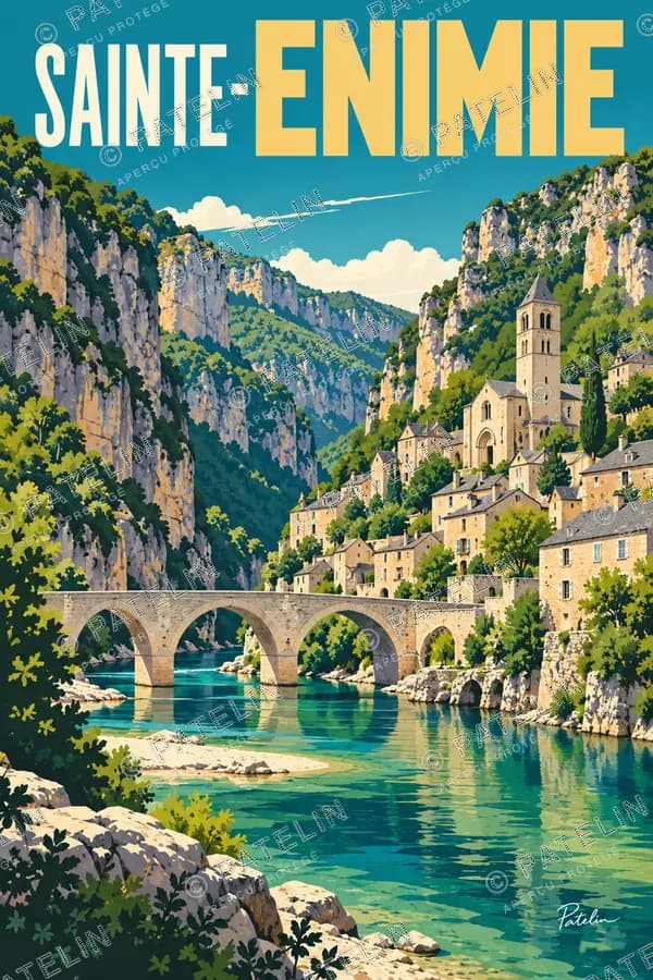 Illustration Sainte-Enimie — Le village et le pont sur le Tarn, style Pop