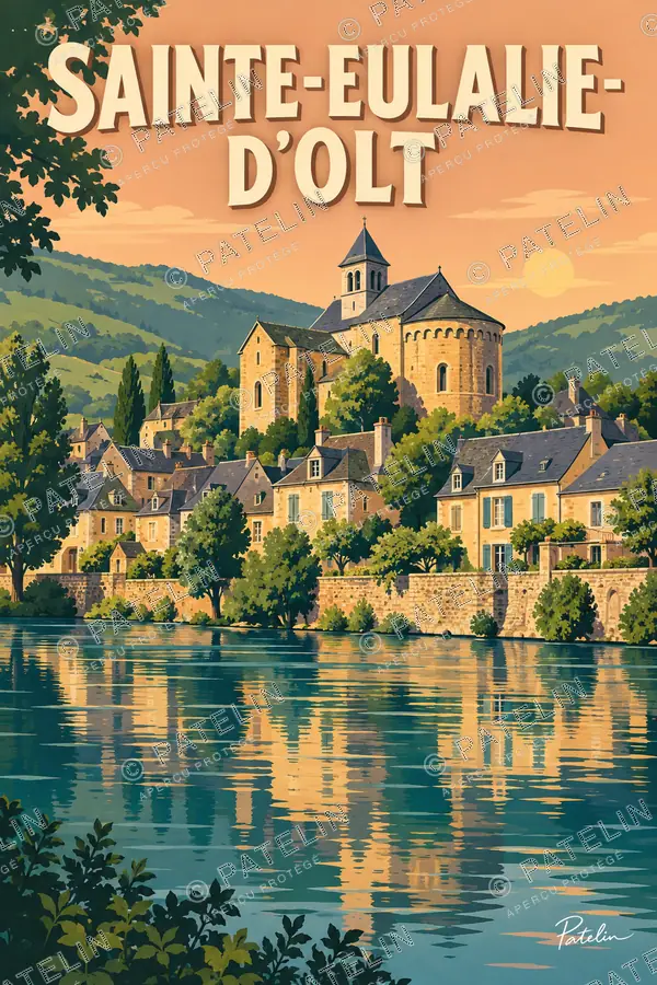 Illustration Sainte-Eulalie-d'Olt — L’église au bord de l’eau, style Pop