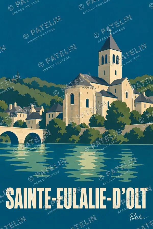 Illustration Sainte-Eulalie-d'Olt — Le village au-dessus de la rivière, style Minimal