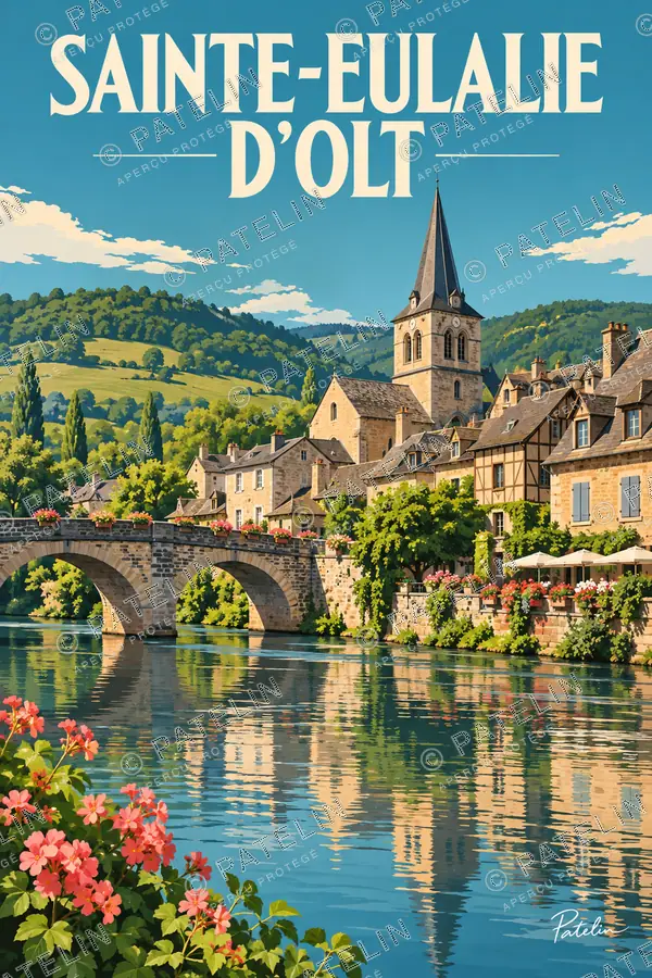Illustration Sainte-Eulalie-d'Olt — Le village fleuri au bord du Lot, style Pop