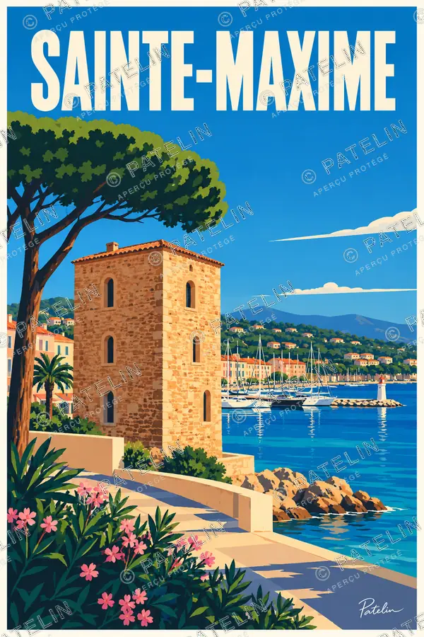 Illustration Sainte-Maxime — La tour au bord du port, style Pop