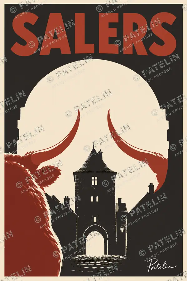 Illustration Salers — La porte et les cornes, style Minimal