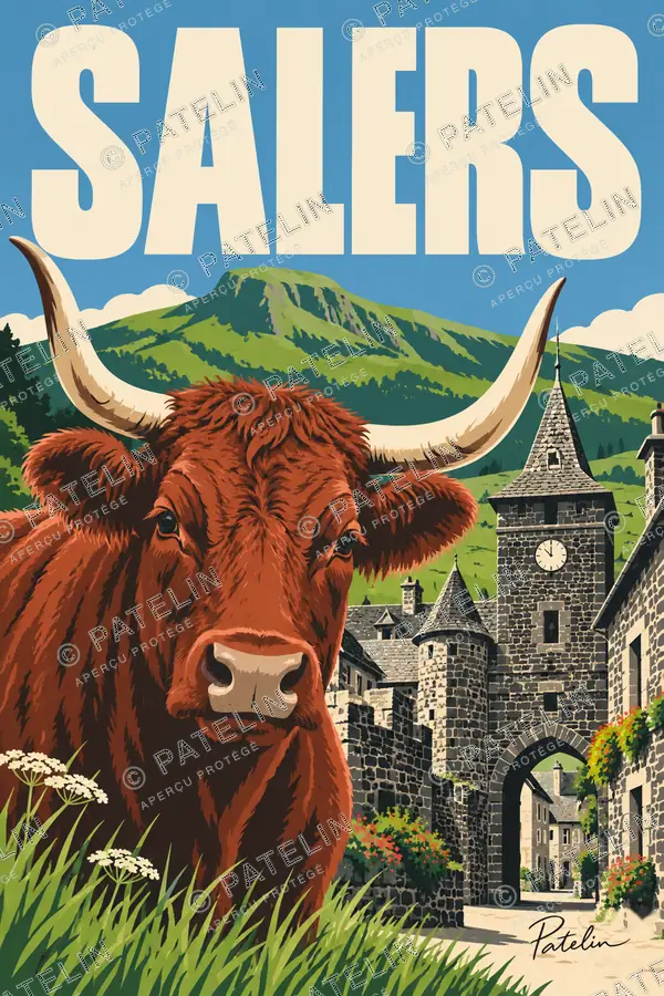 Illustration Salers — La vache et les pierres volcaniques, style Pop