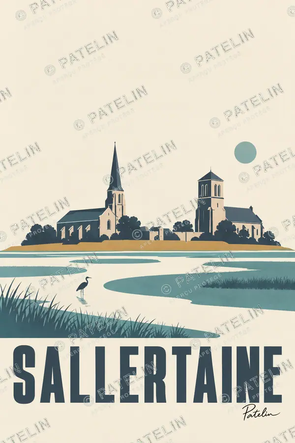 Illustration Sallertaine — Les clochers dans le marais, style Minimal