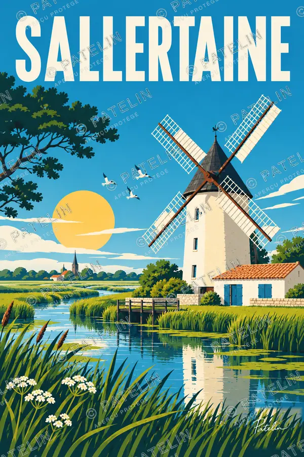 Illustration Sallertaine — Le moulin et les canaux, style Pop