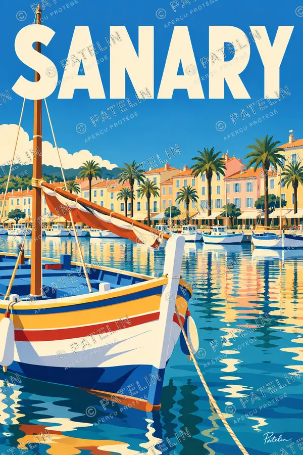 Illustration Sanary-sur-Mer — Les barques colorées du port, style Pop