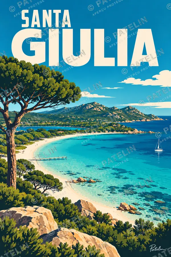 Illustration Santa Giulia — La plage et la baie de Santa Giulia, style Pop