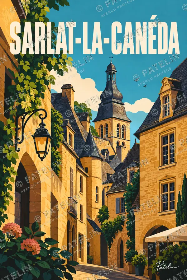 Illustration Sarlat-la-Canéda — La ruelle dans la lumière, style Pop