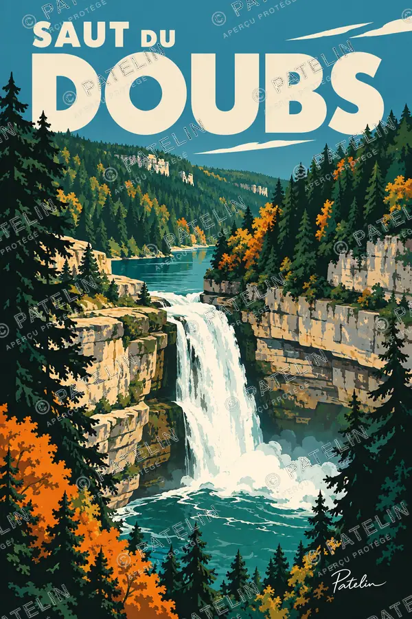 Illustration Saut du Doubs — La cascade entre les falaises, style Pop