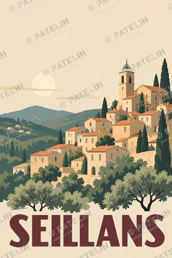 Illustration Seillans — Les toits sur la colline, style Minimal