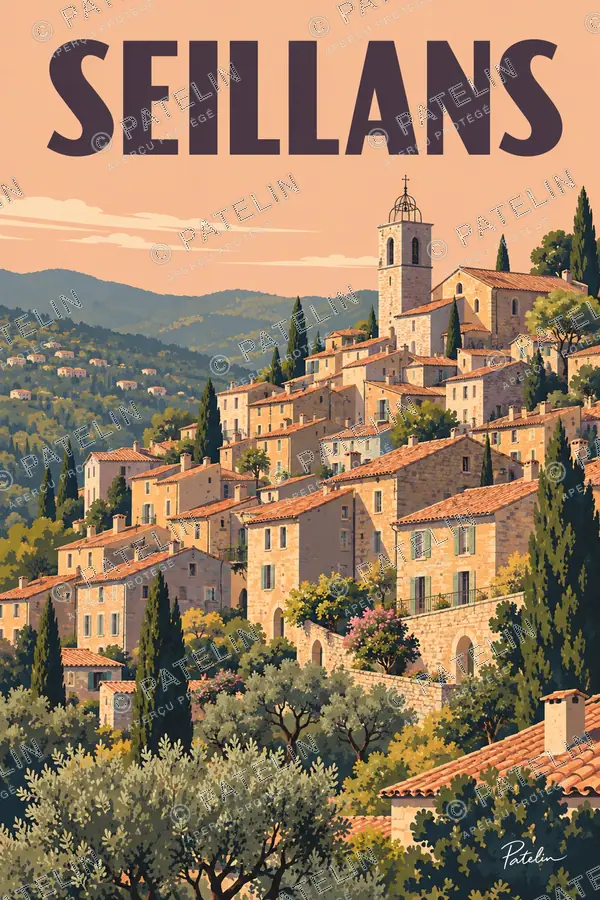 Illustration Seillans — Le village au-dessus des oliviers, style Pop