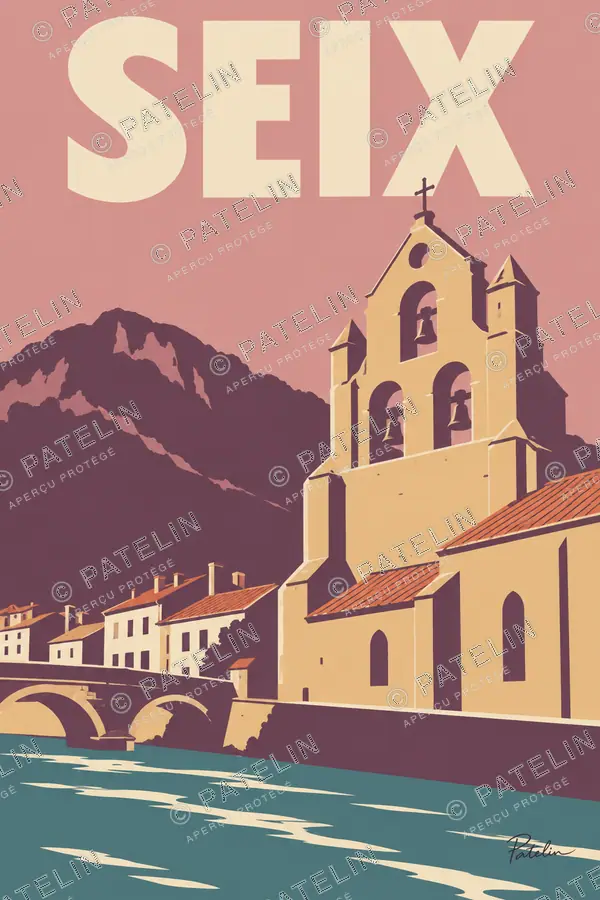 Illustration Seix — Le clocher face à la rivière, style Minimal