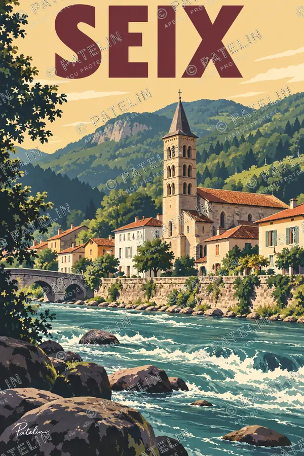 Illustration Seix — Le village et son église au bord de l’eau, style Pop