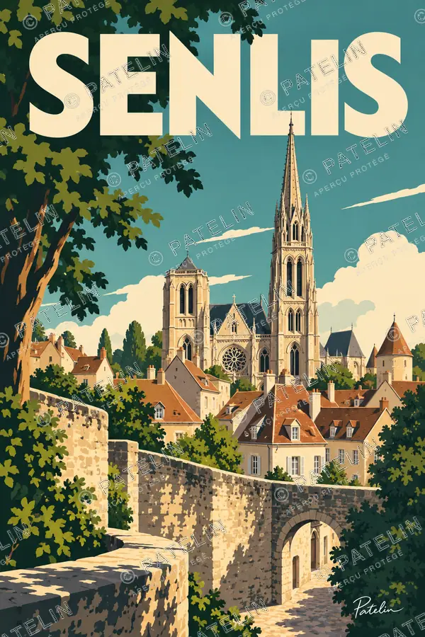Illustration Senlis — La cathédrale et les remparts, style Pop