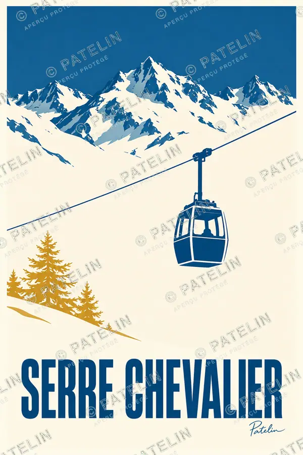 Illustration Serre Chevalier — Le téléphérique face aux sommets, style Minimal