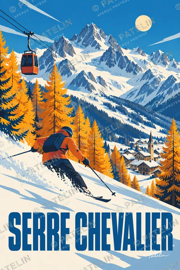 Illustration Serre Chevalier — Le skieur et les mélèzes, style Pop