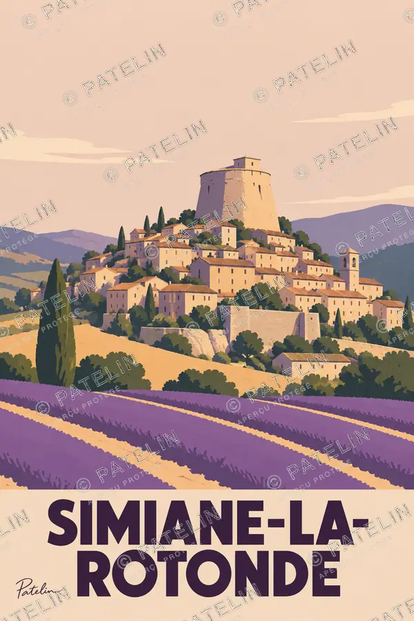 Illustration Simiane-la-Rotonde — Le village et les champs de lavande, style Minimal