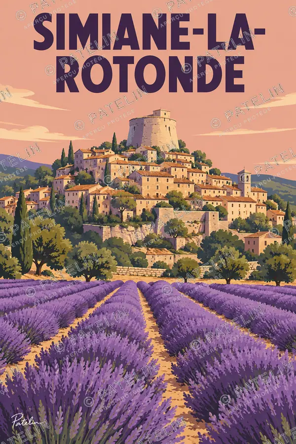 Illustration Simiane-la-Rotonde — Le village au-dessus des lavandes, style Pop