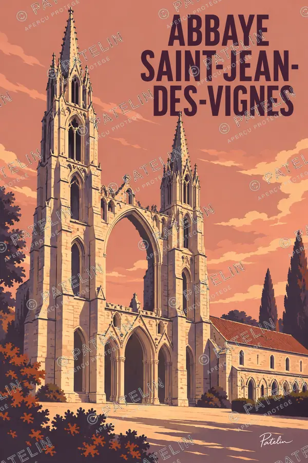 Illustration Soissons — Les tours de l’abbaye dans la lumière, style Pop