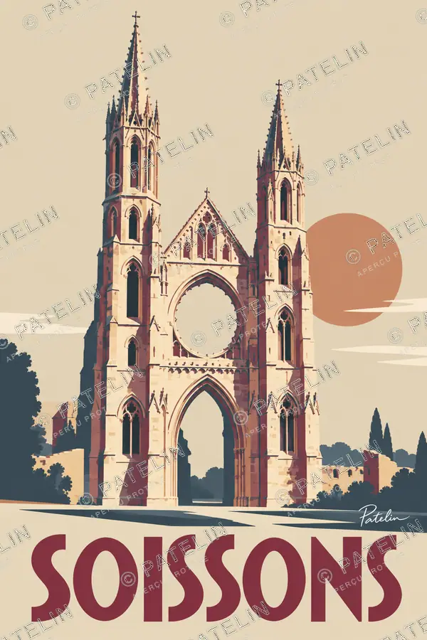 Illustration Soissons — La façade et les flèches de l’abbaye, style Minimal
