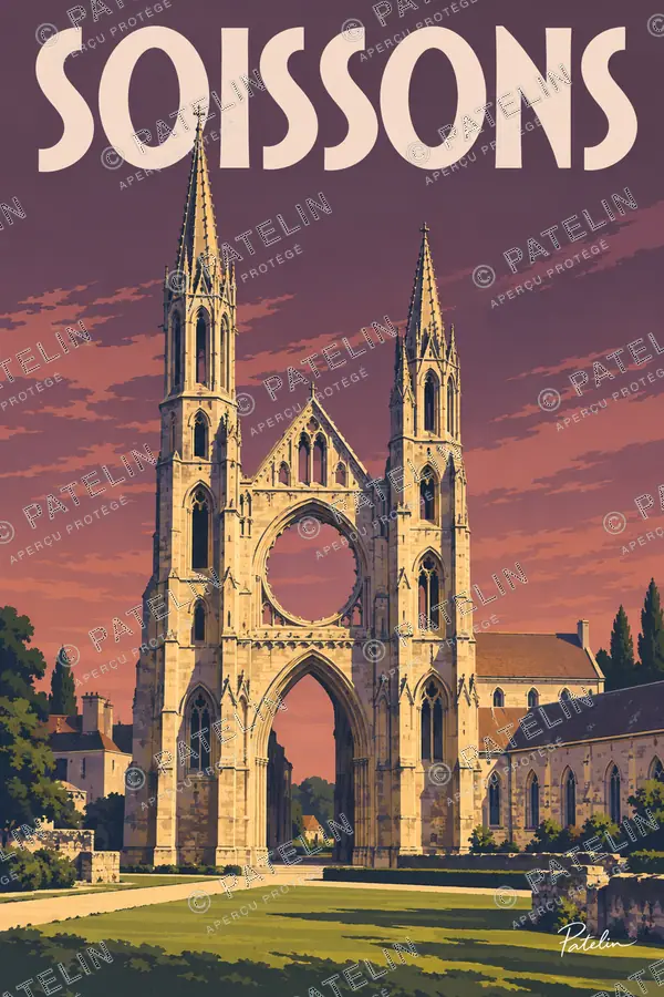 Illustration Soissons — Les tours et la rosace de l’abbaye, style Pop
