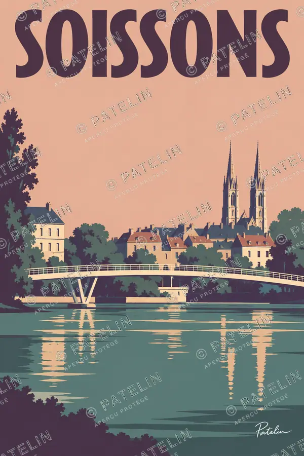 Illustration Soissons — La cathédrale sur les rives de l’Aisne, style Minimal