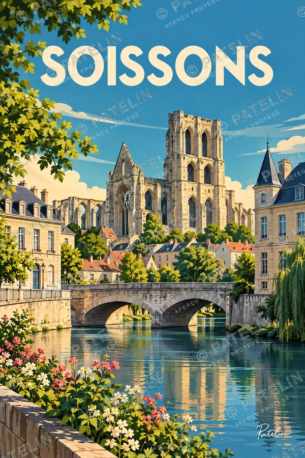 Illustration Soissons — Le pont et la cathédrale au bord de l’eau, style Pop