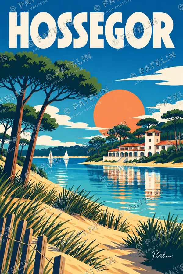 Illustration Soorts-Hossegor — Les villas au bord du lac, style Pop