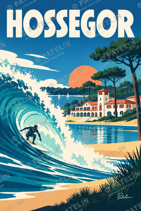 Illustration Soorts-Hossegor — Le surf face aux villas, style Pop