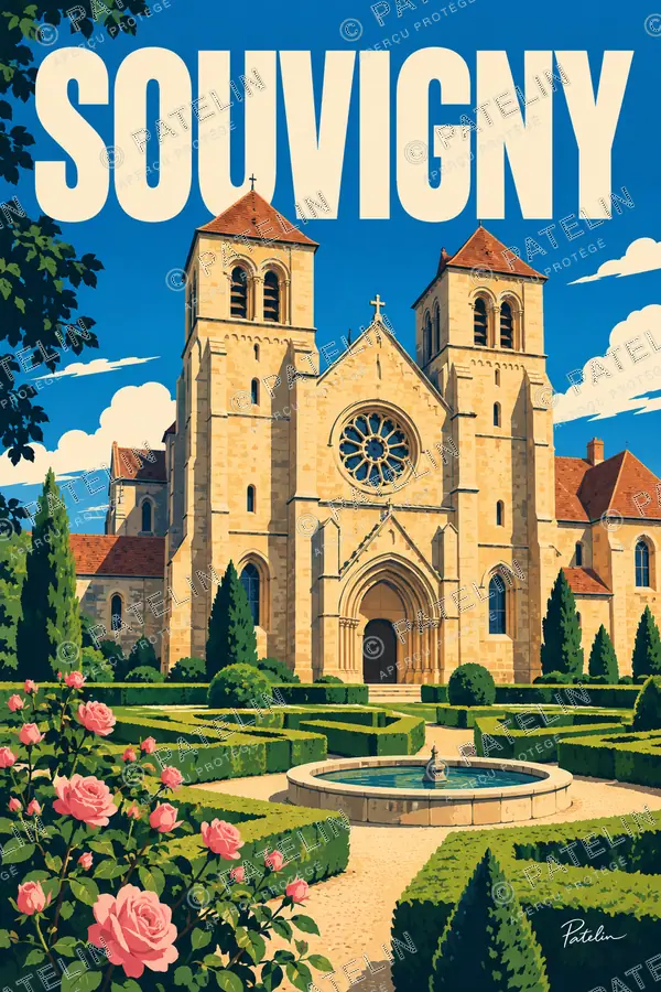 Illustration Souvigny — Le prieuré et les jardins, style Pop