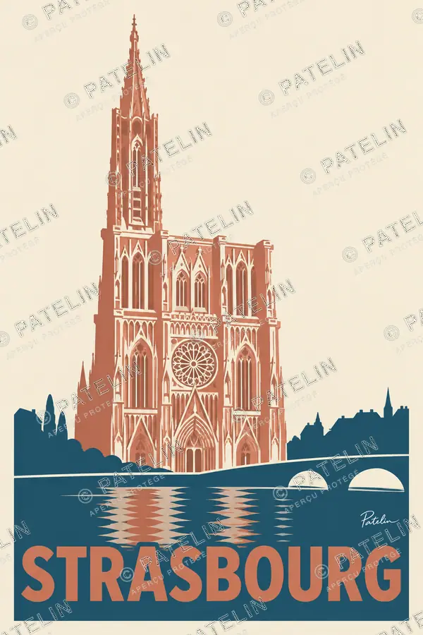 Illustration Strasbourg — La flèche et les reflets, style Minimal