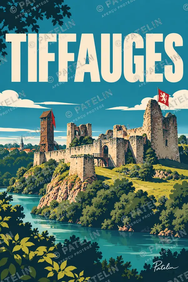 Illustration Tiffauges — Le château au-dessus du vallon, style Pop