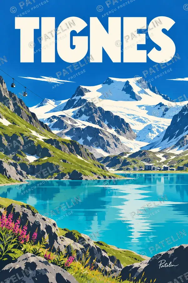 Illustration Tignes — Le lac et les fleurs d’alpage, style Pop