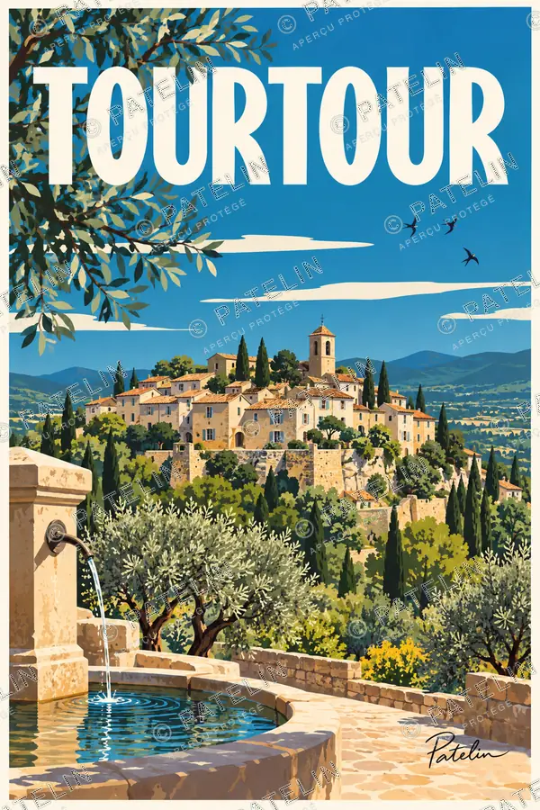 Illustration Tourtour — La terrasse face au village, style Pop