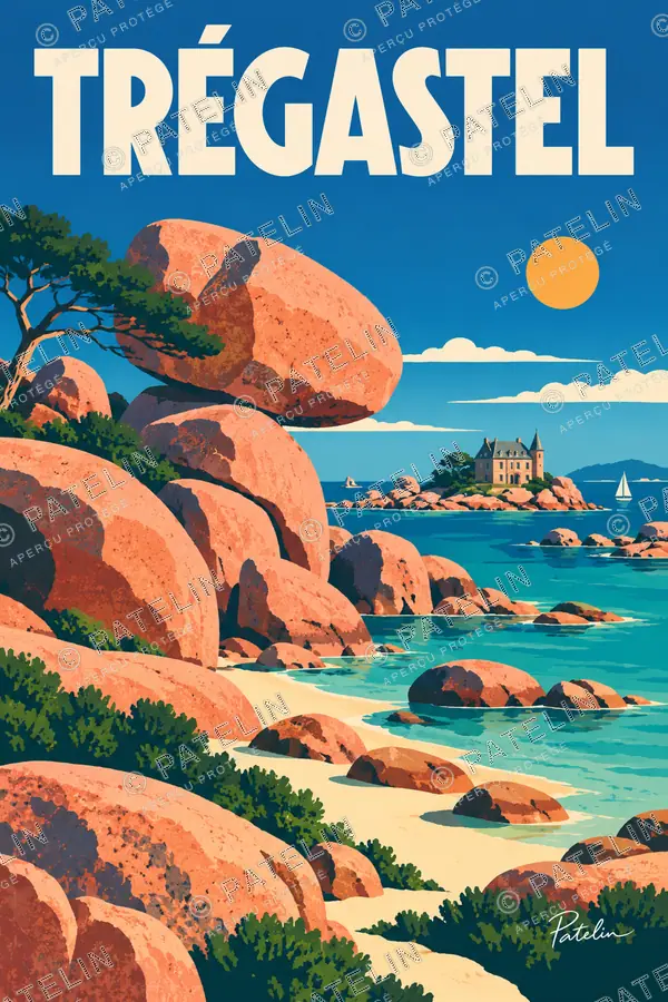 Illustration Trégastel — Les rochers et le château, style Pop
