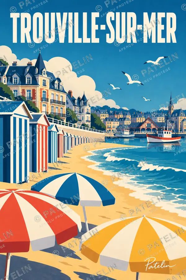 Illustration Trouville-sur-Mer — Les cabines et les parasols, style Pop