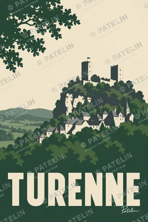 Illustration Turenne — Les tours au-dessus du village, style Minimal