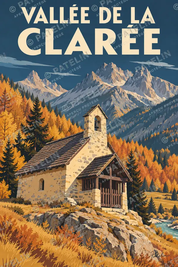 Illustration Vallée de la Clarée — La chapelle au milieu des mélèzes, style Pop
