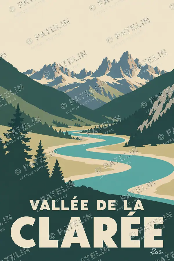 Illustration Vallée de la Clarée — La rivière entre les pins et les sommets, style Minimal