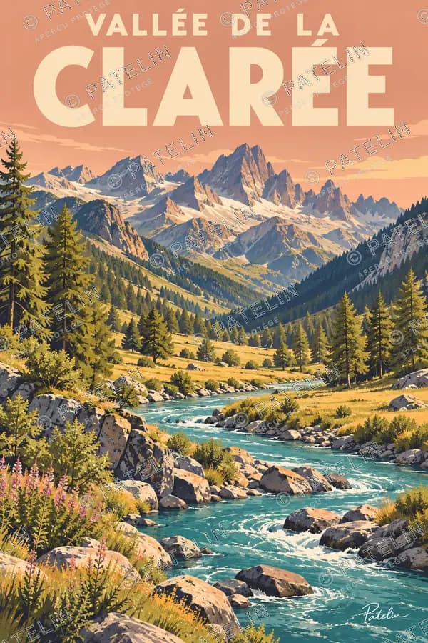 Illustration Vallée de la Clarée — La rivière sous les mélèzes dorés, style Pop