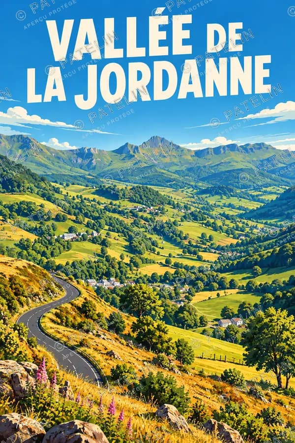 Illustration Vallée de la Jordanne — La vallée entre les montagnes, style Pop