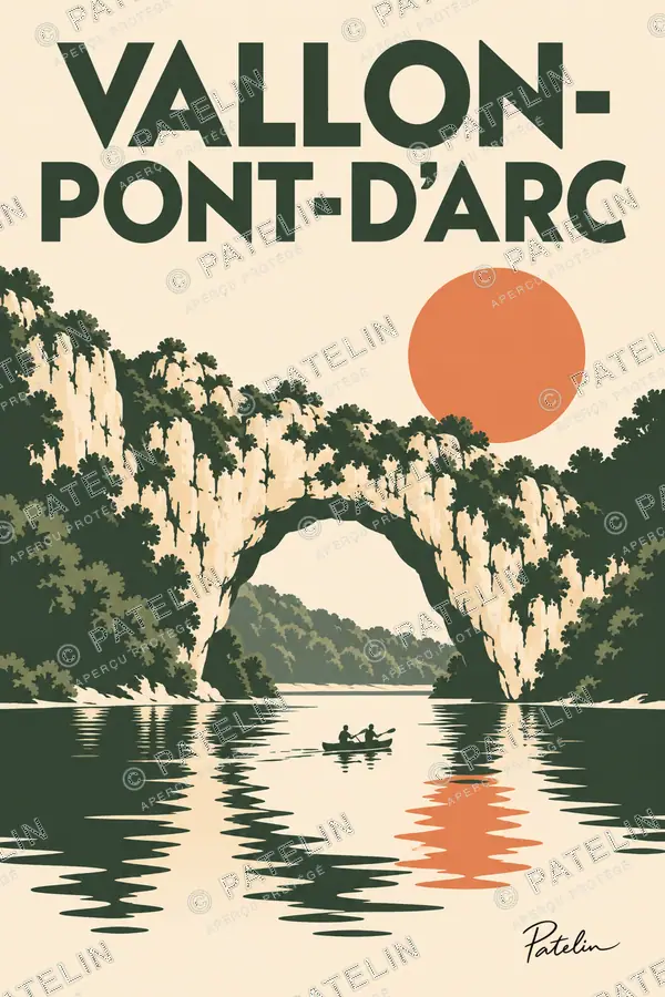 Illustration Vallon-Pont-d'Arc — Le Pont d’Arc et ses reflets, style Minimal