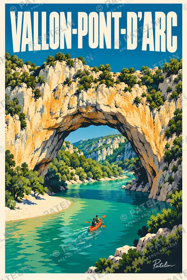 Illustration Vallon-Pont-d'Arc — Le Pont d’Arc et les canoës, style Pop