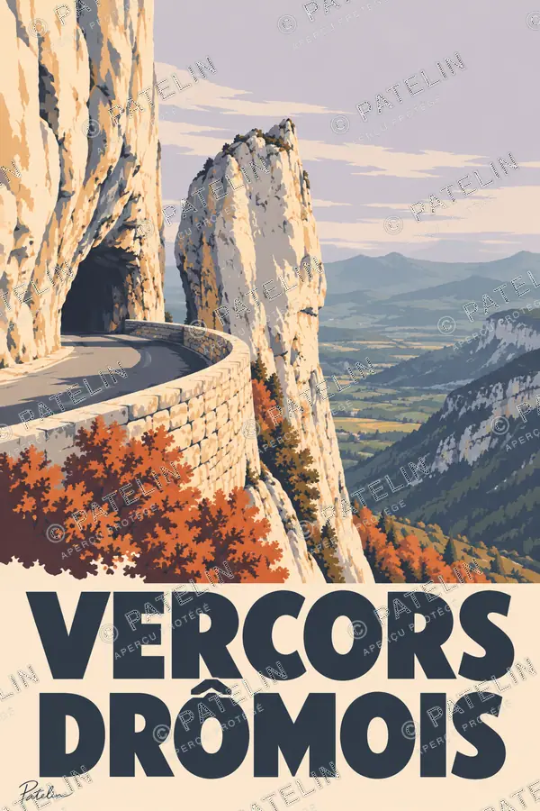 Illustration Vercors drômois — La route entre les falaises, style Minimal