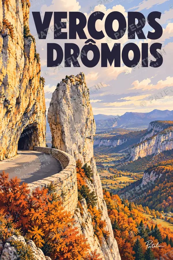 Illustration Vercors drômois — La route au bord des falaises, style Pop